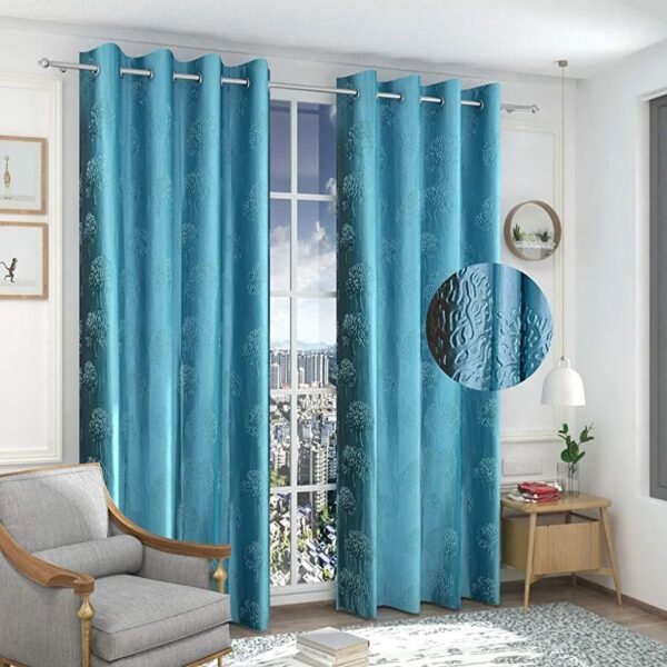 Premium Polyester Embossed Tree Design Curtain For Door, Pack of 2 pcs (Window - 9 ft, Blue Aqua)